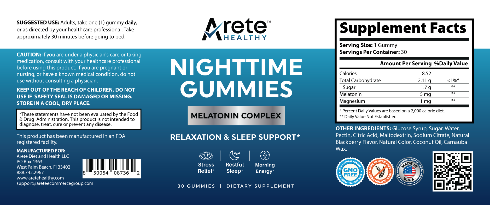 Supplement Facts and safety information for Arete Healthy Nighttime Gummies